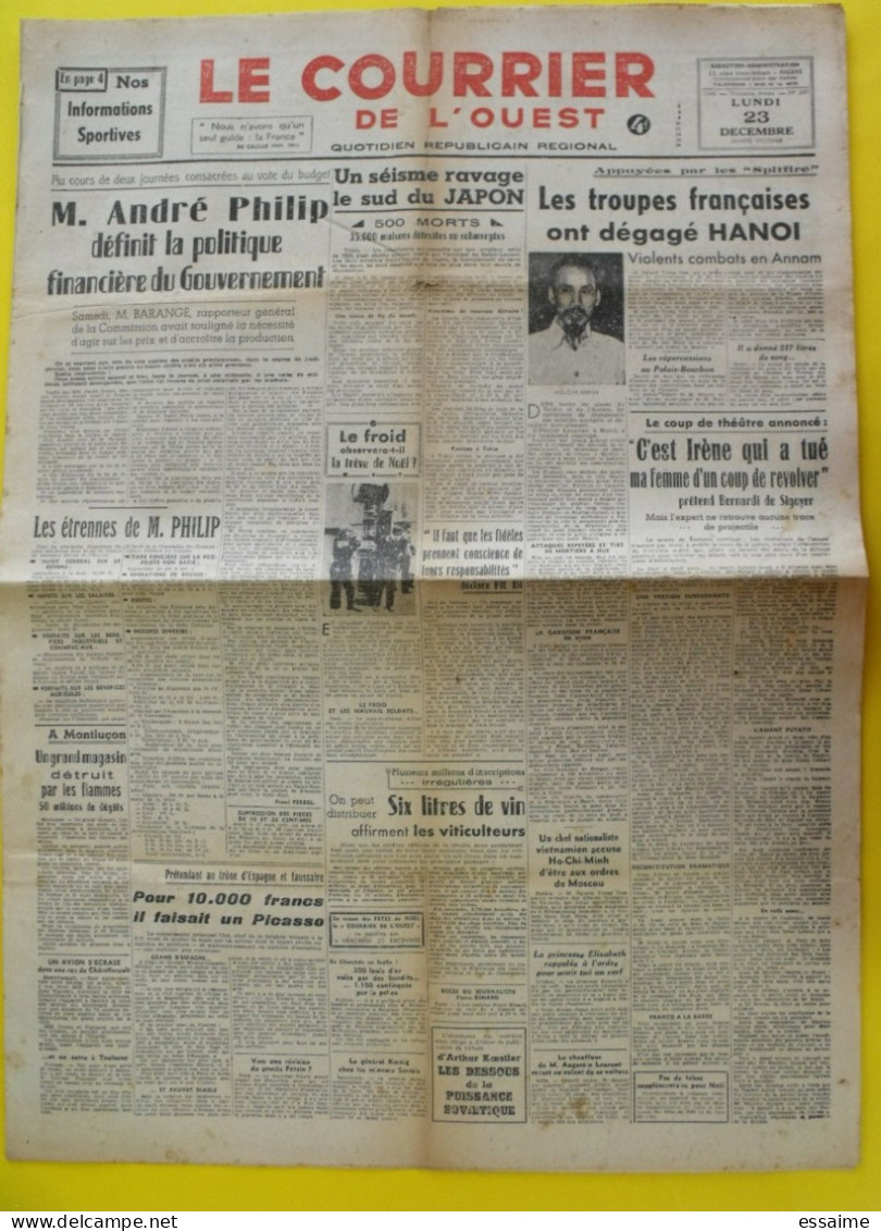 4 N° Journal Le Courrier De L'Ouest De 1946-1947 Staline Hanoi Annam Ho-Chi-Minh Japon Bao-Dai Madagascar Molotov - Autres & Non Classés
