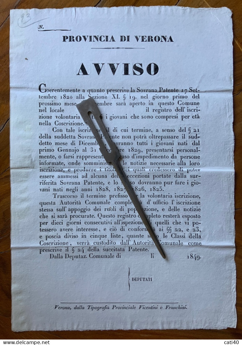 VERONA - AVVISO (25x36) - VOLONTARIA ISCRIZIONE DI TUTTI I GIOVANI IN ETA' DI COSCRIZIONE...in Bianco Siamo Nel 1849.... - Historical Documents