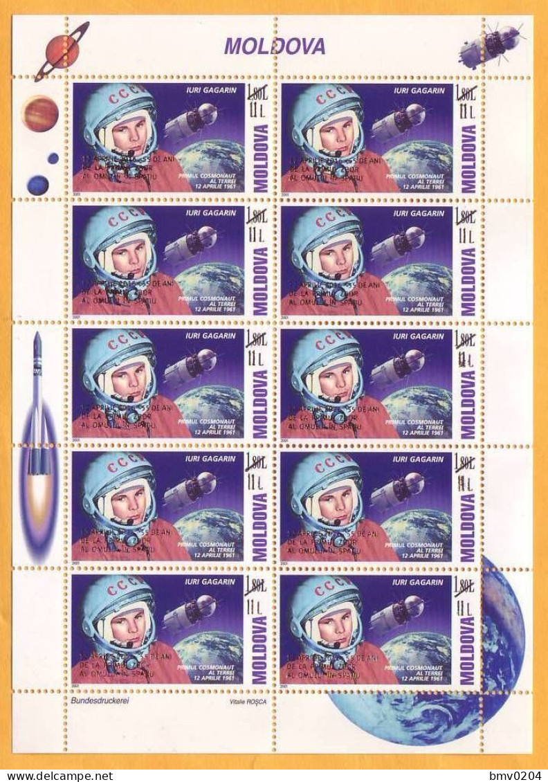 2016 2001  Moldova Moldavie Moldau. 55 Years.  Gagarin. Overprint New Par 11 Lei . Space.  Sheet Mint - Moldova