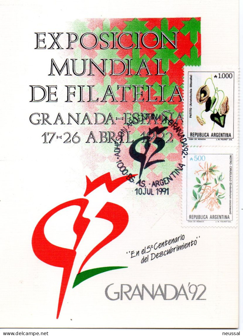 Tarjeta Con Matasellos Commemorativo De  Adhesion Argentina A Granada De 1992 - Lettres & Documents