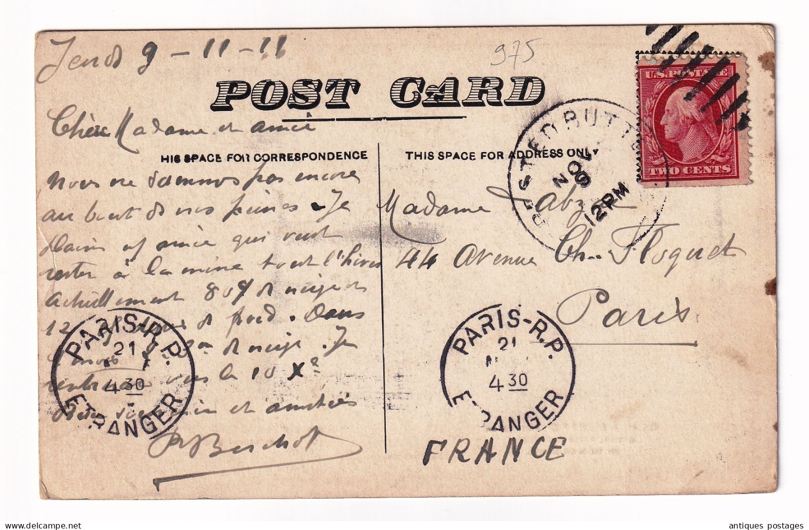 Post Card 1911 Crested Butte Colorado Elk Mountain House Hubbard USA Paris France Two Cents Red Washington - Storia Postale