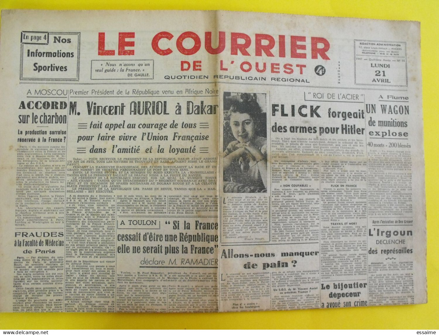 4 N° Journal Le Courrier De L'Ouest De 1947 Irgoun Palestine Flick Madagascar Bidault De Gaulle Indes Herriot - Autres & Non Classés