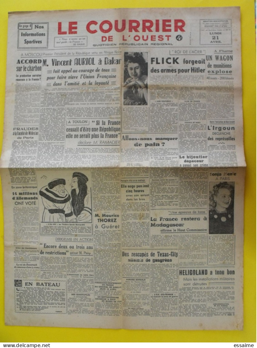 4 N° Journal Le Courrier De L'Ouest De 1947 Irgoun Palestine Flick Madagascar Bidault De Gaulle Indes Herriot - Other & Unclassified