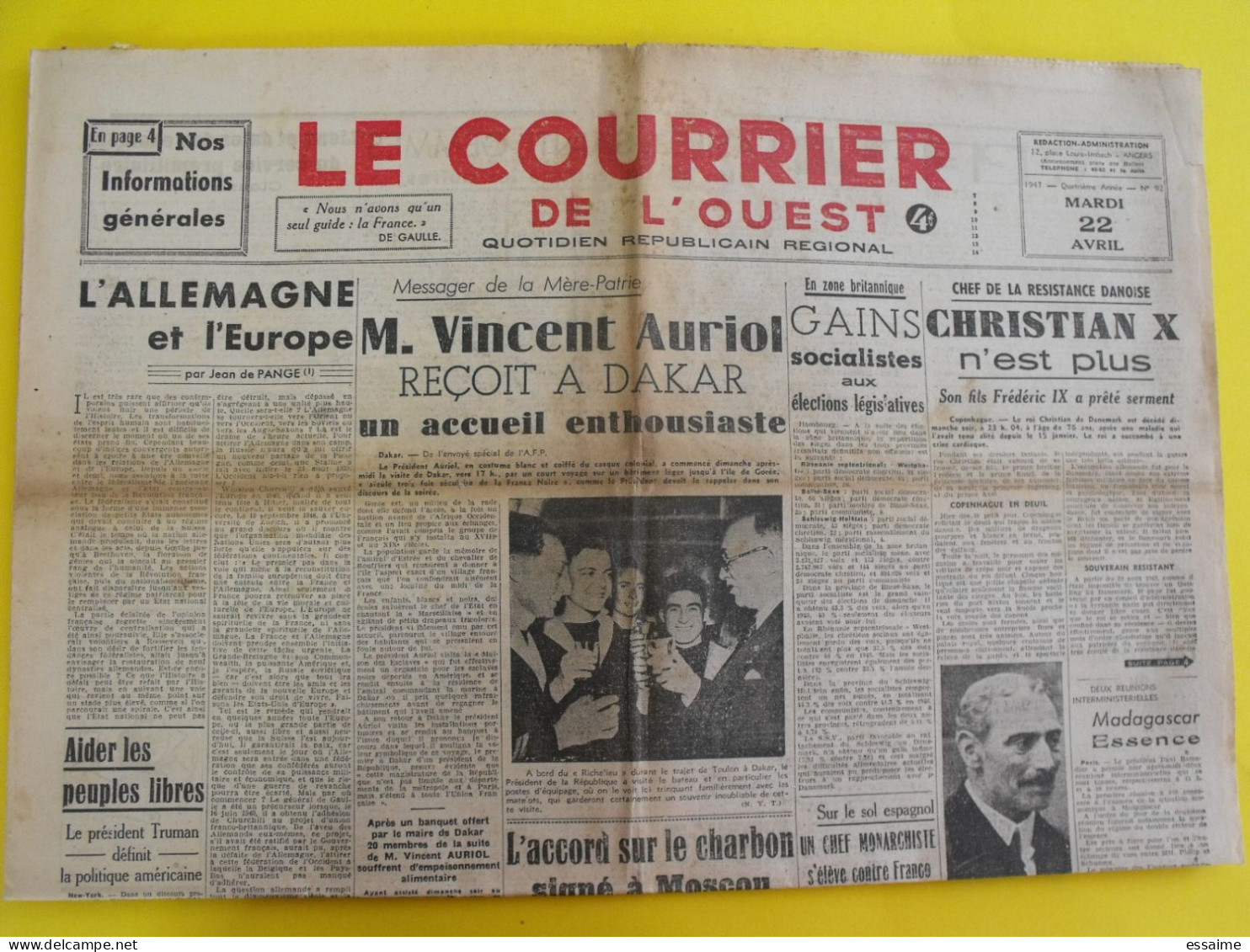 4 N° Journal Le Courrier De L'Ouest De 1947 Irgoun Palestine Flick Madagascar Bidault De Gaulle Indes Herriot - Autres & Non Classés