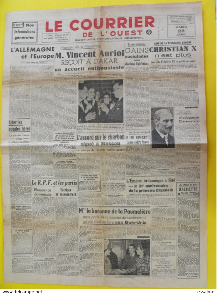 4 N° Journal Le Courrier De L'Ouest De 1947 Irgoun Palestine Flick Madagascar Bidault De Gaulle Indes Herriot - Autres & Non Classés