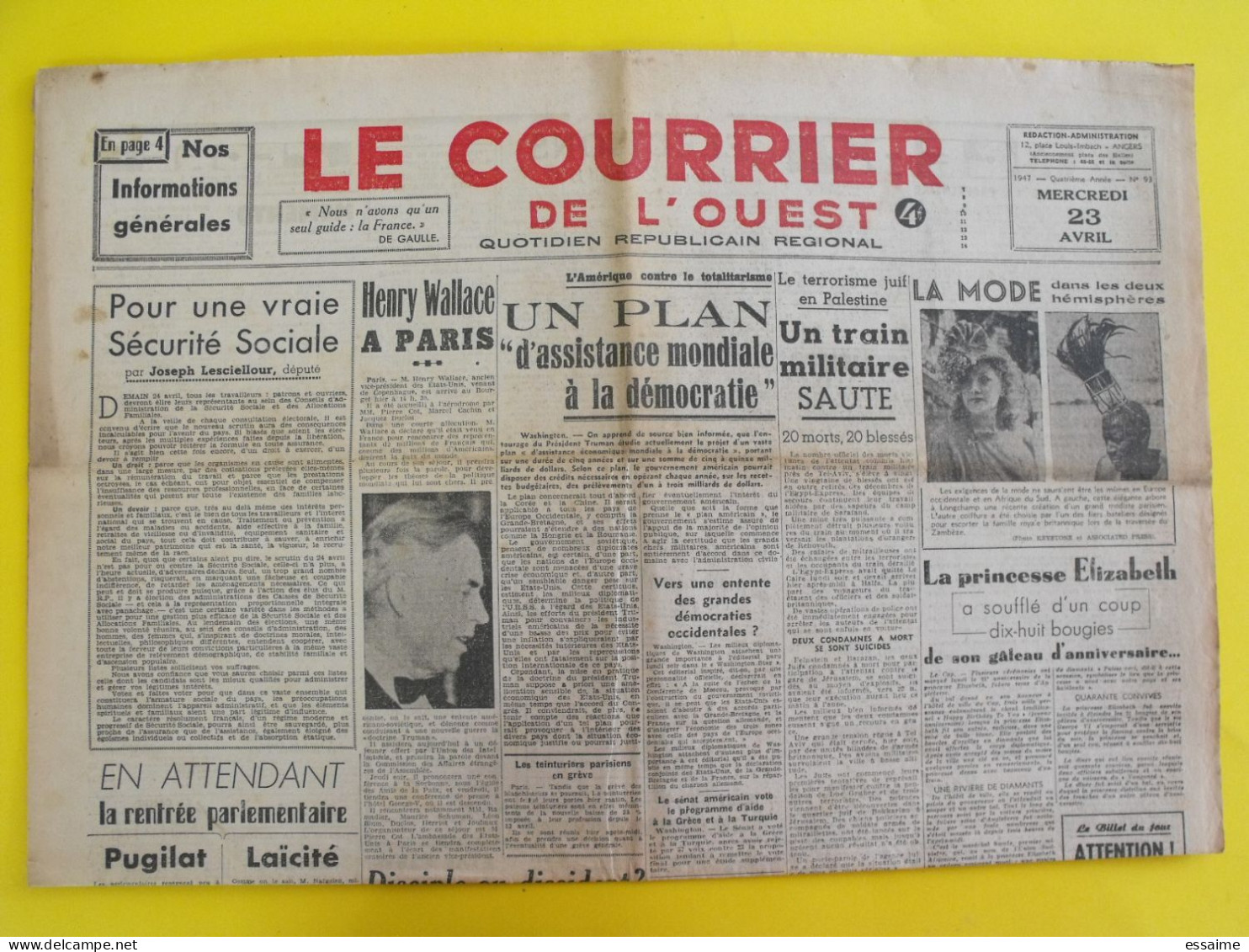 4 n° journal Le Courrier de l'Ouest de 1947 Irgoun Palestine Flick Madagascar Bidault de Gaulle Indes Herriot