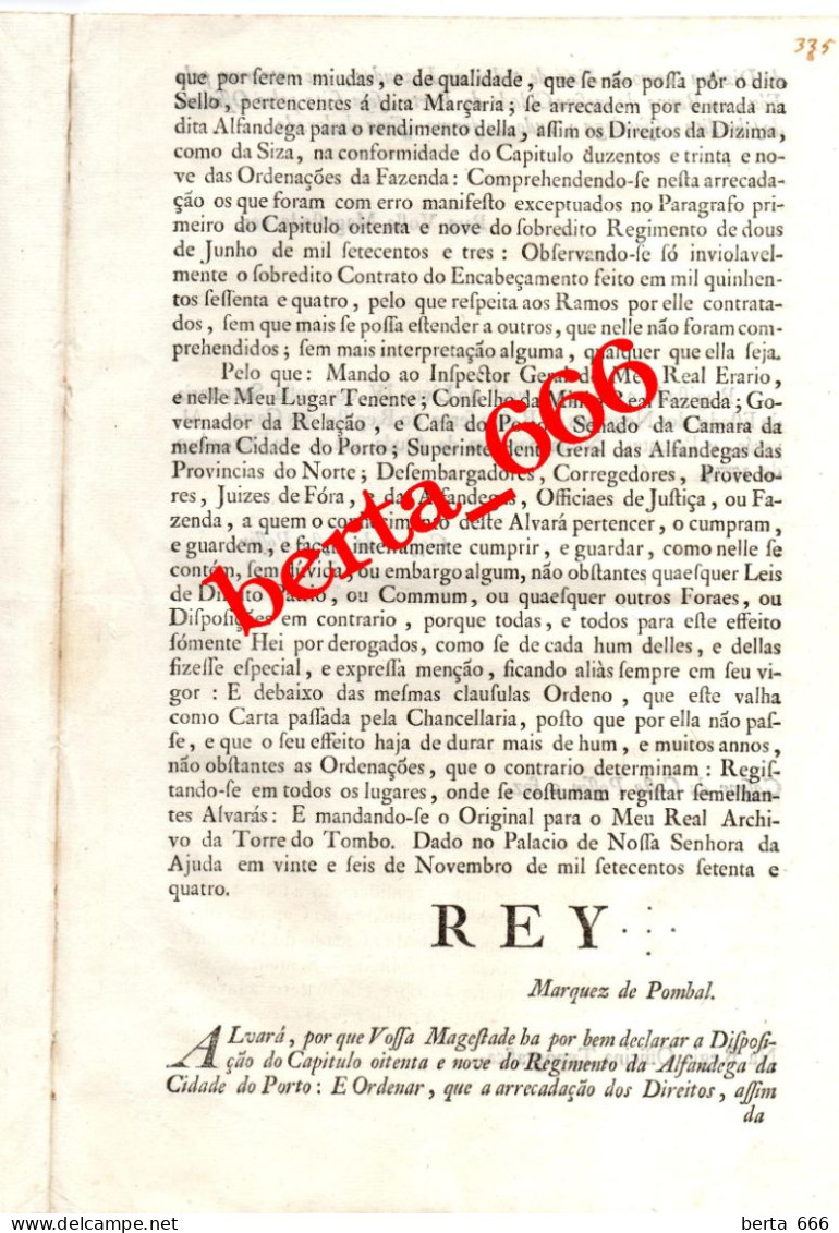 Regimento Da Alfandega Do Porto * Documento De 1774 * Rei D. José I * Marquês De Pombal * Gaspar Da Costa Posser - Historical Documents