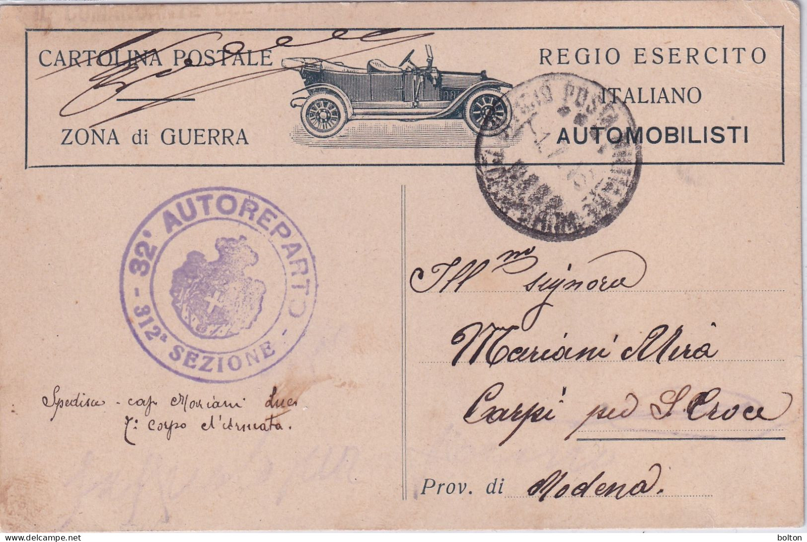 1916 Cartolina Militare In Franchigia Con Raffigurata Automobile FIAT ZERO Zona Di Guerra Timbro Autoreparto - Voitures