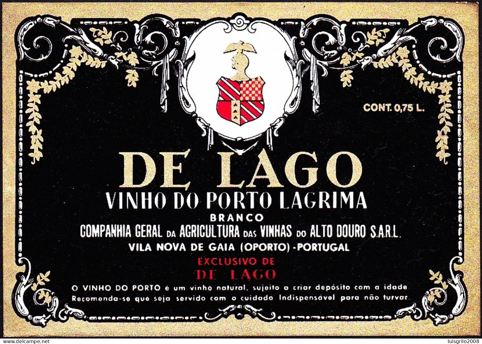 Port Wine Label, Portugal - DE LAGO Vinho Do Porto Lagrima -|- Compª Vinhas Alto Douro. Vila Nova De Gaia, Oporto - Other & Unclassified