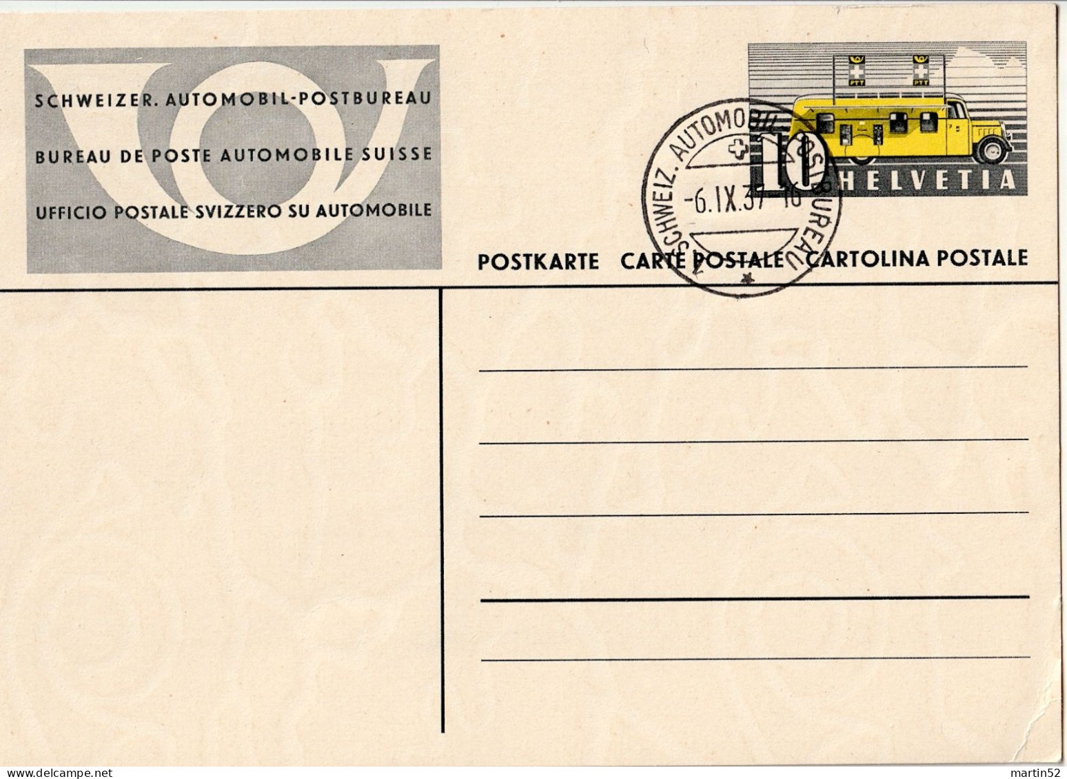 Schweiz Suisse 1937: Bild-PK CPI Mit ⊙ 1. SCHWEIZ. AUTOMOBIL-POSTBUREAU 6.IX.37 - Interi Postali