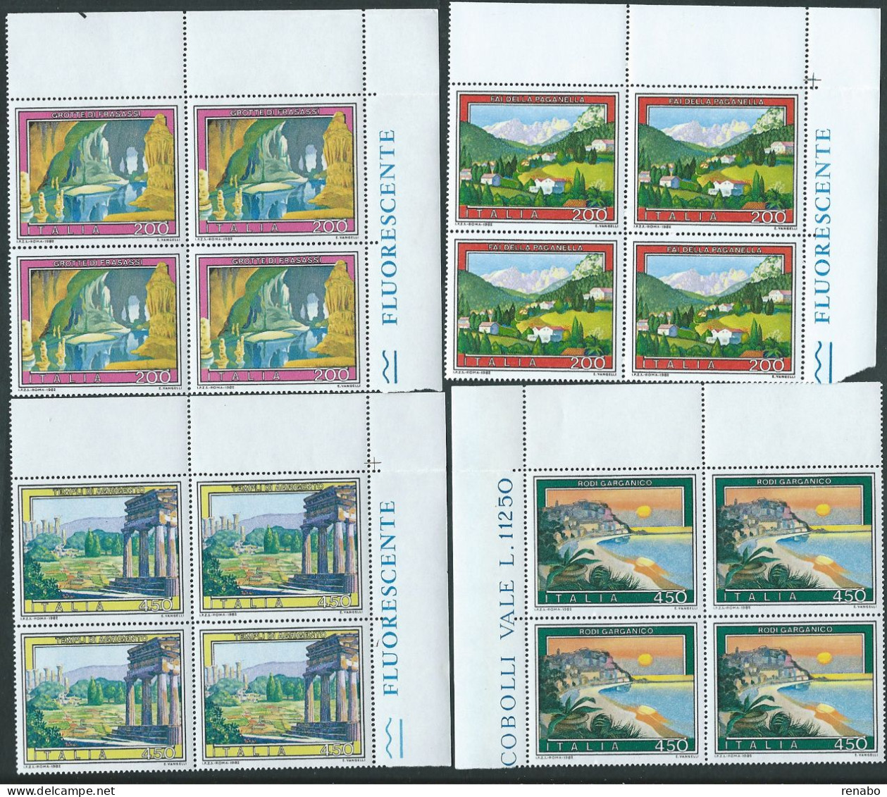 Italia 1982; Turistica: Paganella + Frasassi + Rodi Garganico + Agrigento. Serie Completa; Quartine Di Angoli Superiori. - 1981-90: Mint/hinged