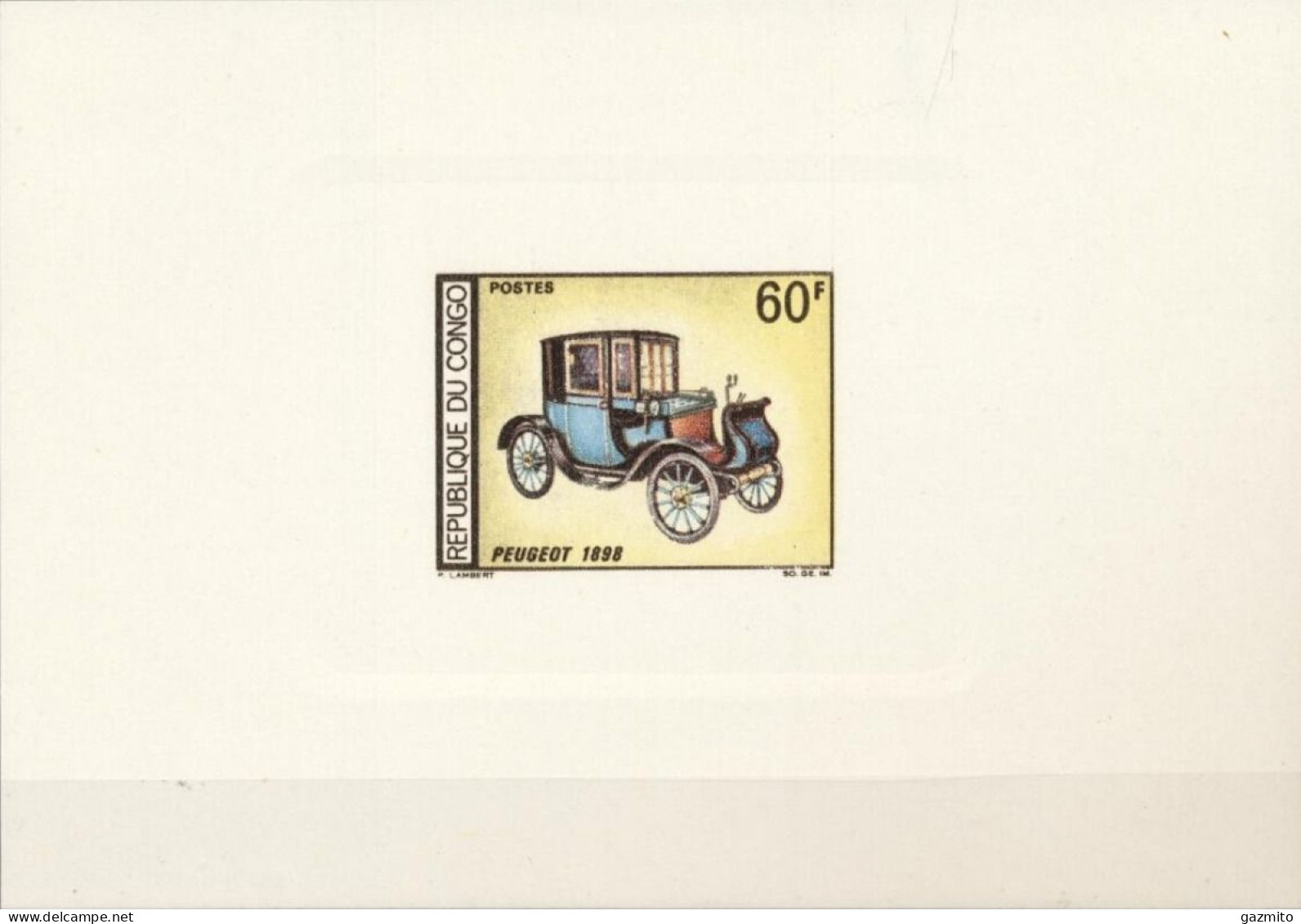 Congo Brazaville 1966, Old Car, Peugeot 1898, Block COLOUR PROOFS - Coches