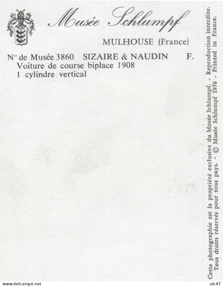 - MULHOUSE - Musée Schlumpf - SIZAIRE & NAUDIN.  Voiture De Course Biplace, 1908 - Scan Verso - - PKW