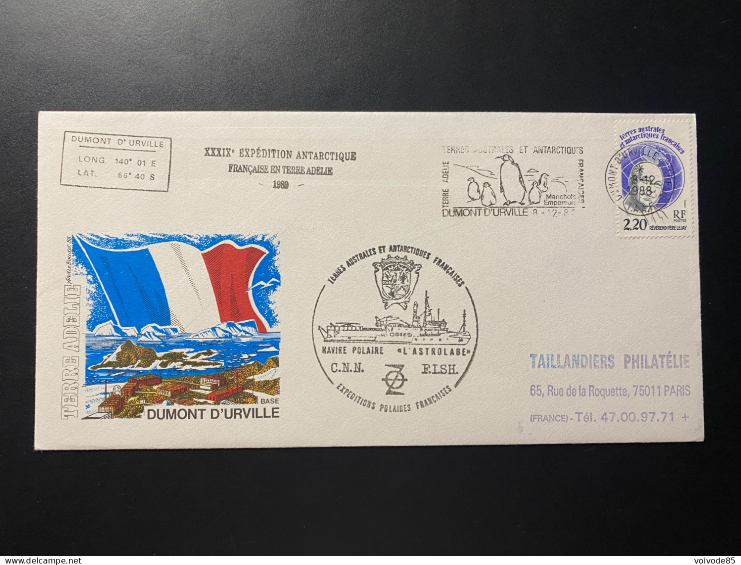 Lettre "TAAF" - 08/12/1988 - 133 - TAAF - Terre Adélie - Base Dumont D'Urville - Covers & Documents