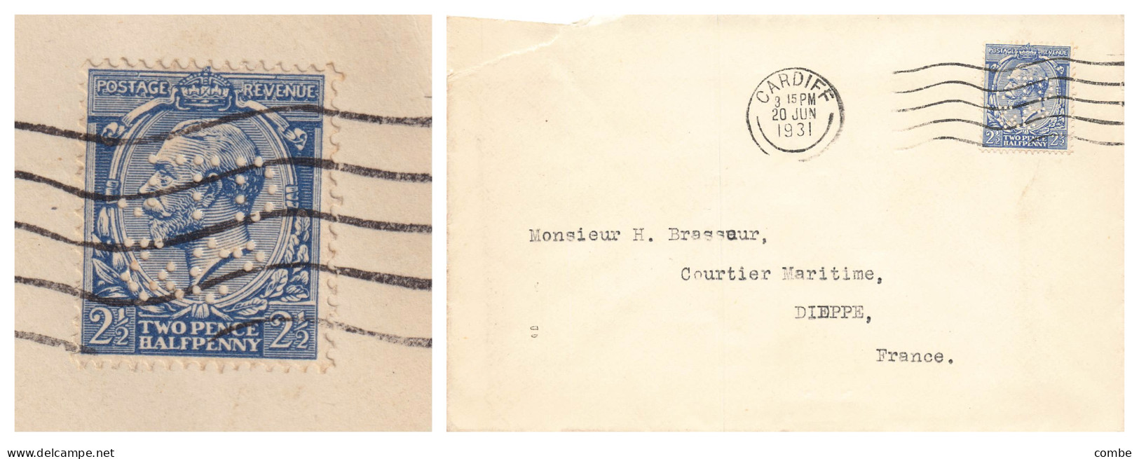 LETTRE. 20 6 31. 2 1/2 P PERFORÉ. DUNCAN &C°. CARDIFF. POUR LA FRANCE - Covers & Documents