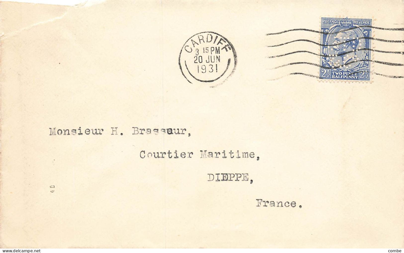 LETTRE. 20 6 31. 2 1/2 P PERFORÉ. DUNCAN &C°. CARDIFF. POUR LA FRANCE - Lettres & Documents