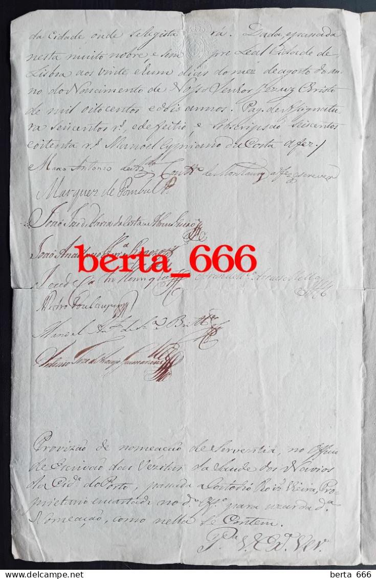 Documento Manuscrito 1802 * Nomeação De Serventia * Navios Da Cidade Do Porto * Marques De Pombal - Documents Historiques