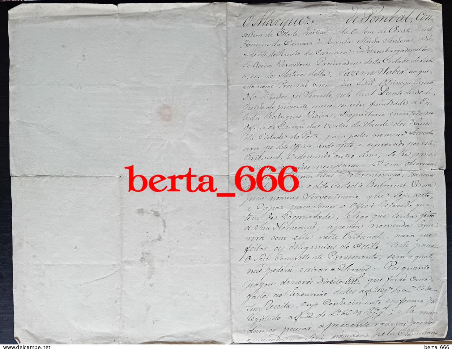 Documento Manuscrito 1802 * Nomeação De Serventia * Navios Da Cidade Do Porto * Marques De Pombal - Documents Historiques