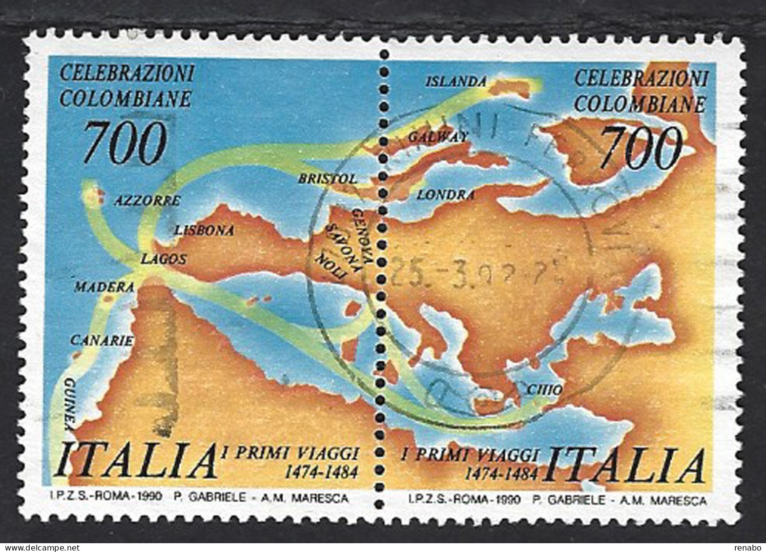 Italia 1990; Celebrazioni Colombiane: Antica Carta Geografica Con Le Rotte Seguite Da Colombo : Coppia Intera, Usata - 1981-90: Afgestempeld