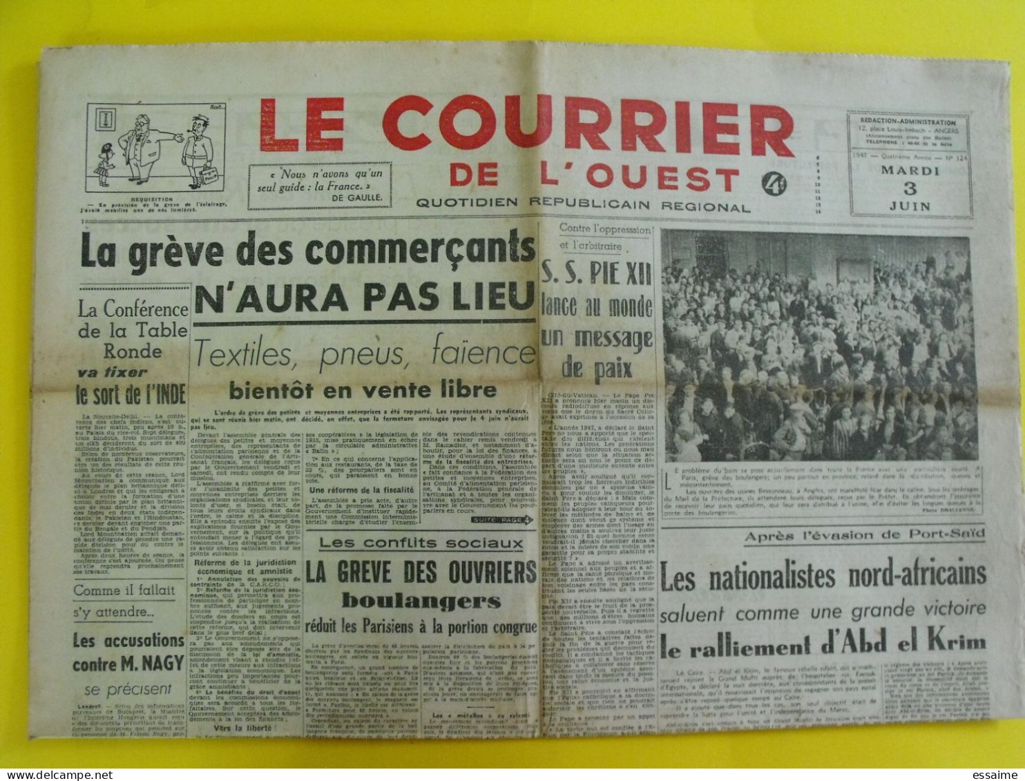 4 N° Journal Le Courrier De L'Ouest De 1947-48 De Gaulle Leopold III épuration Touya Irgoun Haganah Palestine - Sonstige & Ohne Zuordnung