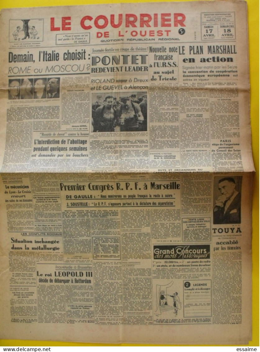 4 N° Journal Le Courrier De L'Ouest De 1947-48 De Gaulle Leopold III épuration Touya Irgoun Haganah Palestine - Andere & Zonder Classificatie