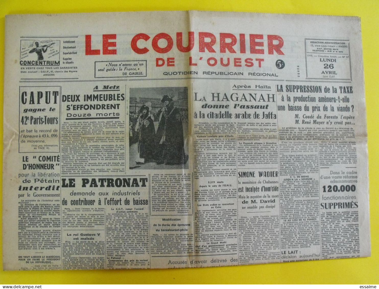 4 n° journal Le Courrier de l'Ouest de 1947-48 de Gaulle Leopold III épuration Touya Irgoun Haganah Palestine