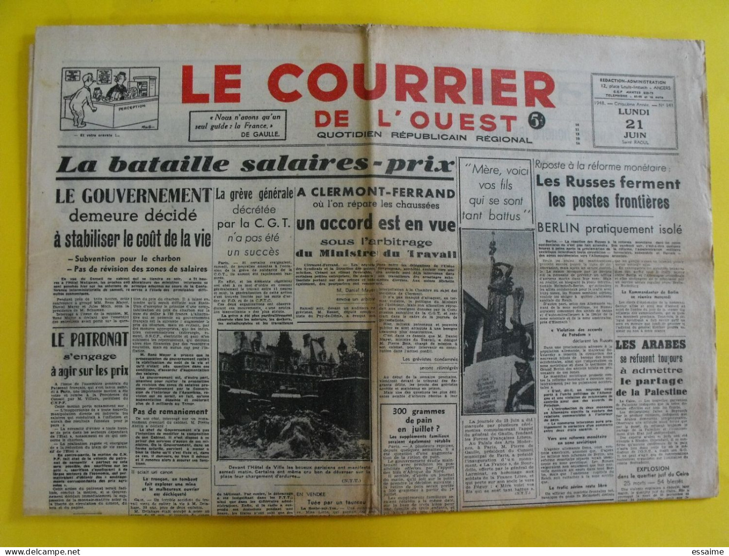 4 n° journal Le Courrier de l'Ouest de 1947-48 de Gaulle Leopold III épuration Touya Irgoun Haganah Palestine