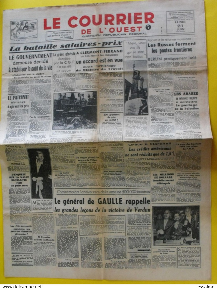 4 n° journal Le Courrier de l'Ouest de 1947-48 de Gaulle Leopold III épuration Touya Irgoun Haganah Palestine