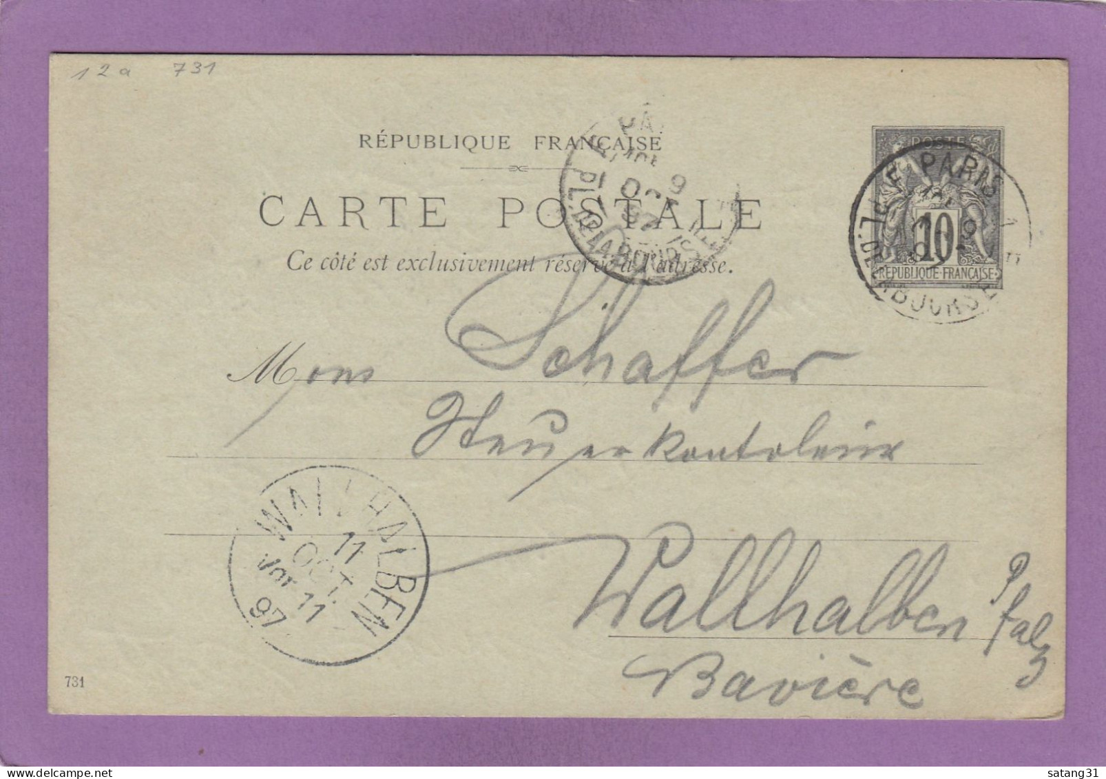 GANZSACHE AUS PARIS NACH WALLHABEN,BAYERN. - Cartes Postales Types Et TSC (avant 1995)