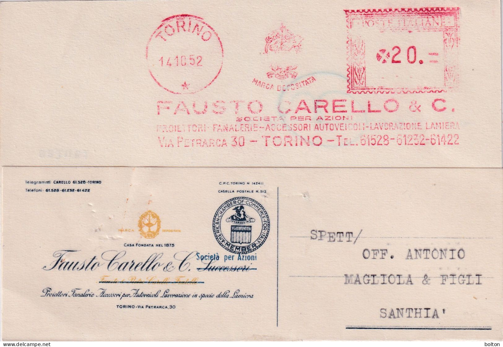 1952 CARTOLINA Con Affrancatura Meccanica Rossa EMA FAUSTO CARELLO FARI PER AUTOVEICOLI - Voitures