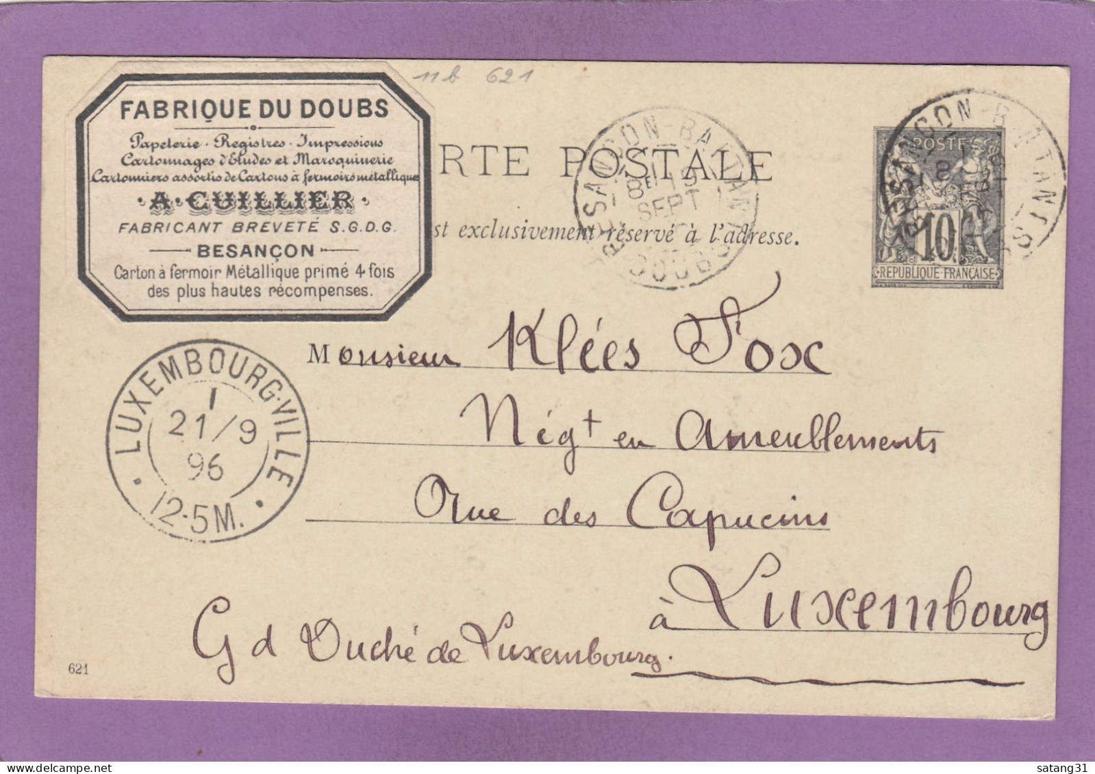 ENTIER POSTAL DE BESANCON POUR LUXEMBOURG,1896. - Cartoline Postali E Su Commissione Privata TSC (ante 1995)