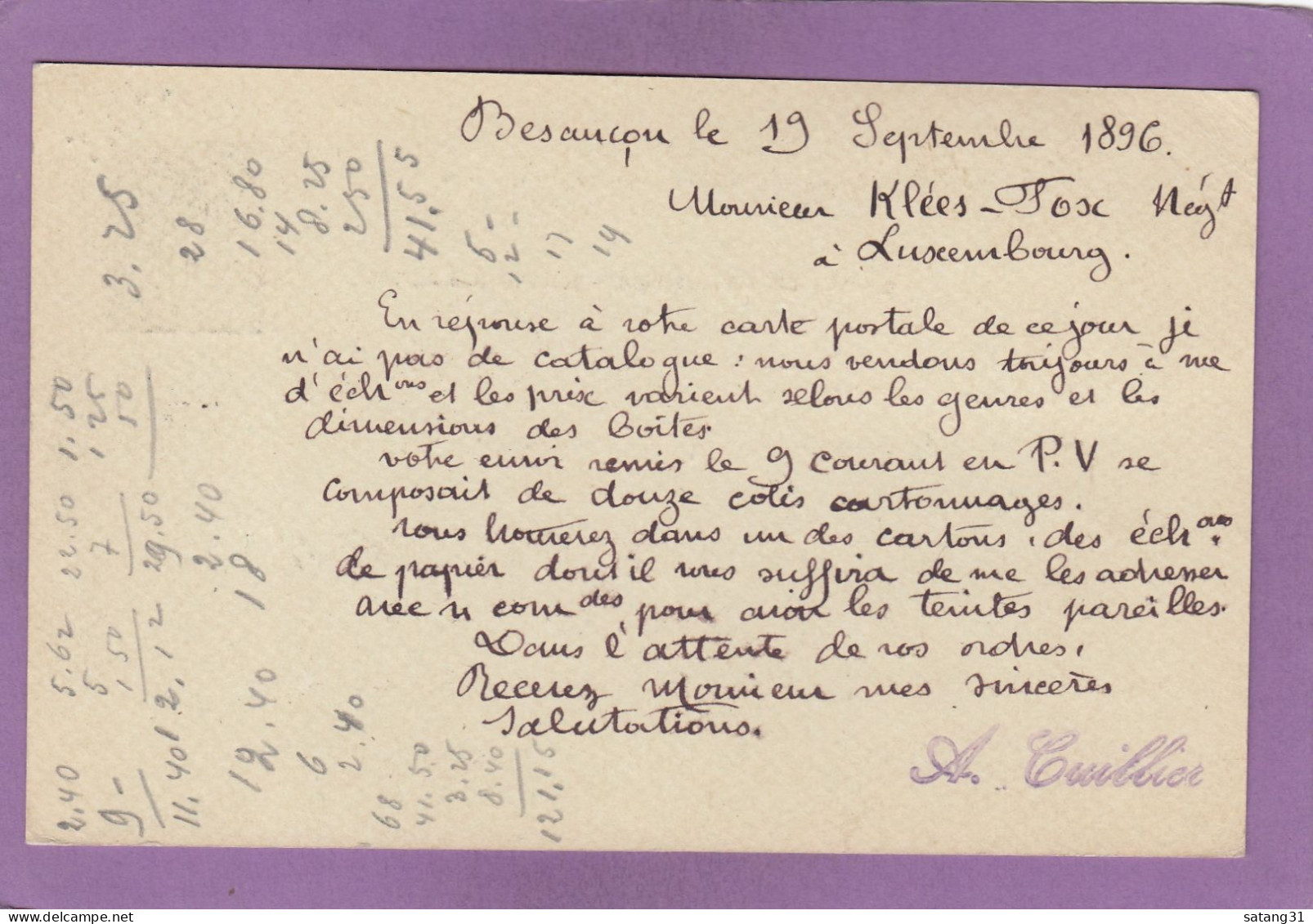 ENTIER POSTAL DE BESANCON POUR LUXEMBOURG,1896. - Postales Tipos Y (antes De 1995)