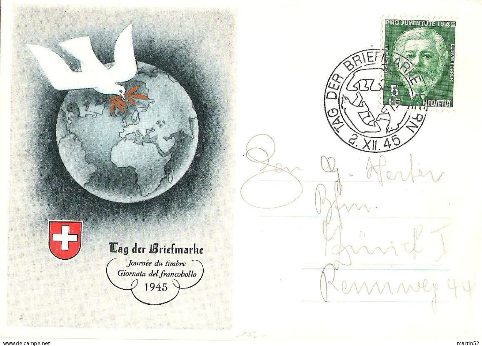 Schweiz Suisse Journée Du Timbre 1945: Bild-PK CPI Mit Zu WI 113 Mi 465  Yv 423 Mit ⊙ TAG DER BRIEFMARKE 2.XII.45 BERN - Brieven En Documenten