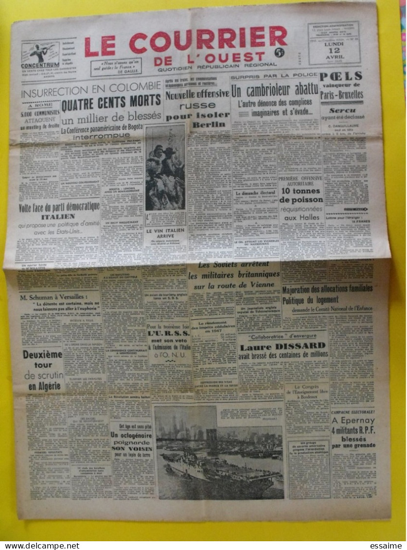 4 N° Journal Le Courrier De L'Ouest De 1948-49 Colombie épuration Dissard Marty Clermont Palestine Irgoun - Autres & Non Classés