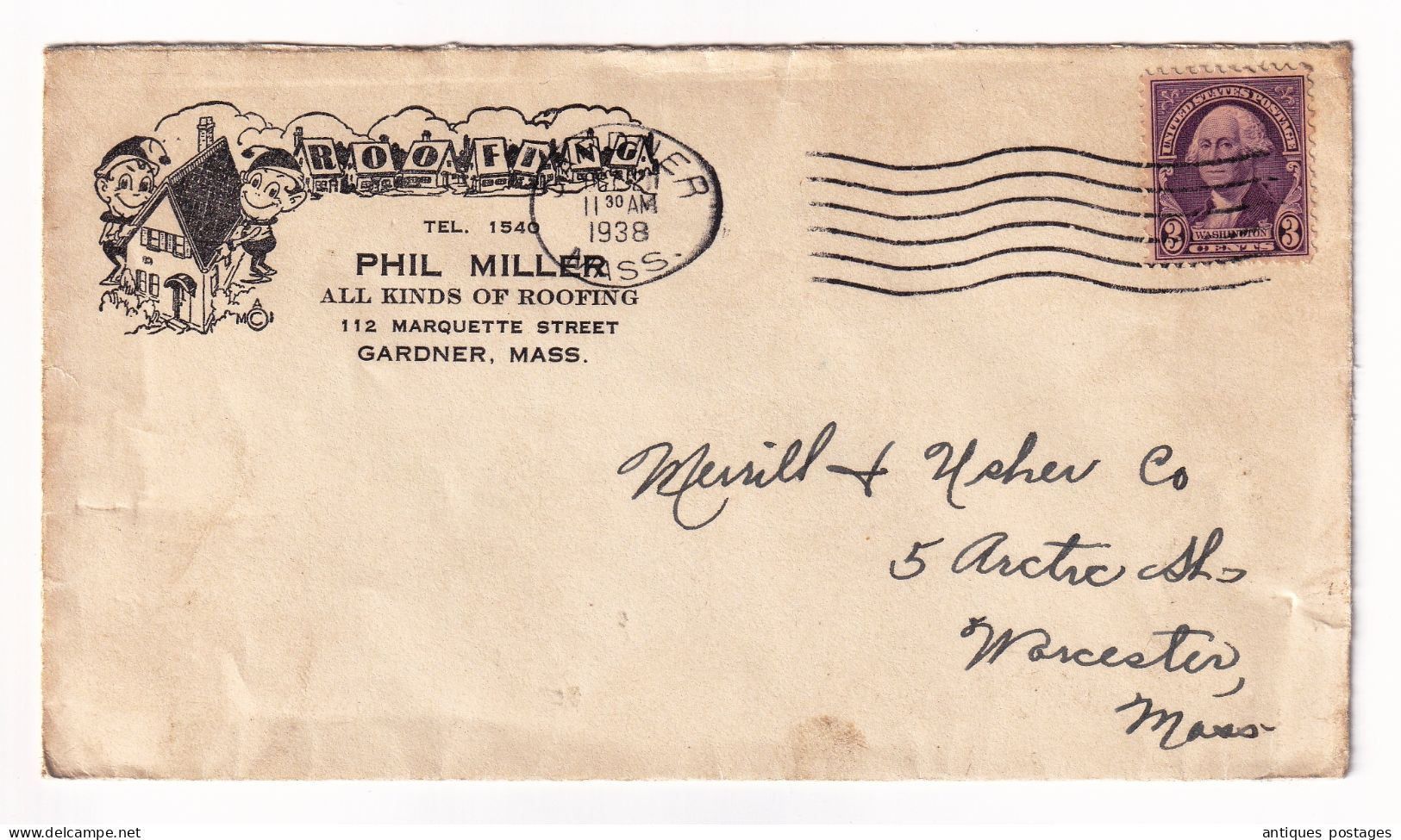Lettre 1938 USA Gardner Massachusetts 1938 Phill Miller All Kinds Of Roofing Roof Stamp Washinton 3 Cents - Covers & Documents