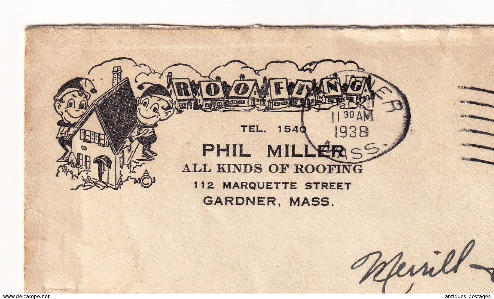 Lettre 1938 USA Gardner Massachusetts 1938 Phill Miller All Kinds Of Roofing Roof Stamp Washinton 3 Cents - Brieven En Documenten