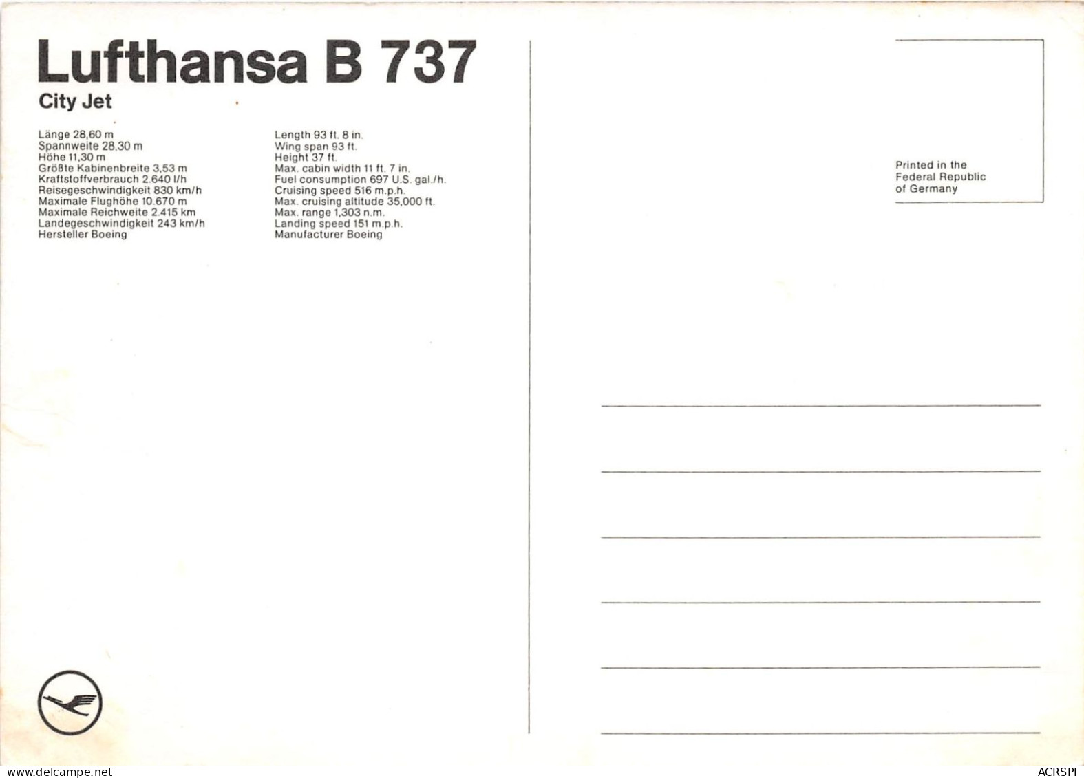 Luftansa B 737  (scan Recto Verso ) Nono0045 - 1946-....: Moderne
