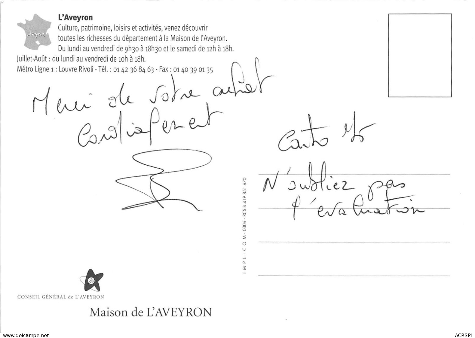 Aveyron Pays D Emotions Tout L Aveyron Est A Paris  A La Maison De L Aveyron  (scan Recto Verso ) Nono0035 - Reclame