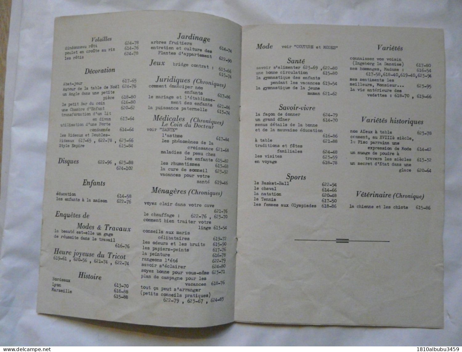TABLE ANALYTIQUE - MODES ET TRAVAUX 1952 - Mode