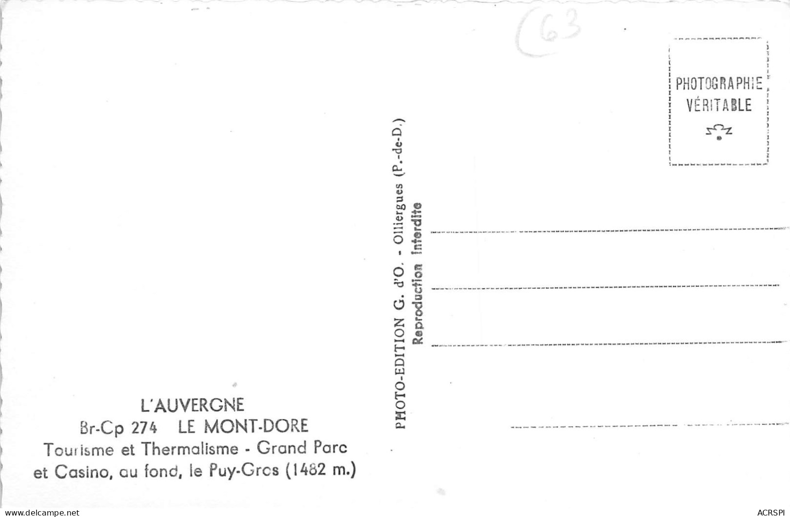 Puy De Dome Auvergne Le MONT DORE Tourisme Et Thermalisme Grand Parc Et Casino Et Le Puy Gros(SCAN RECTO VERSO)NONO0058 - Le Mont Dore