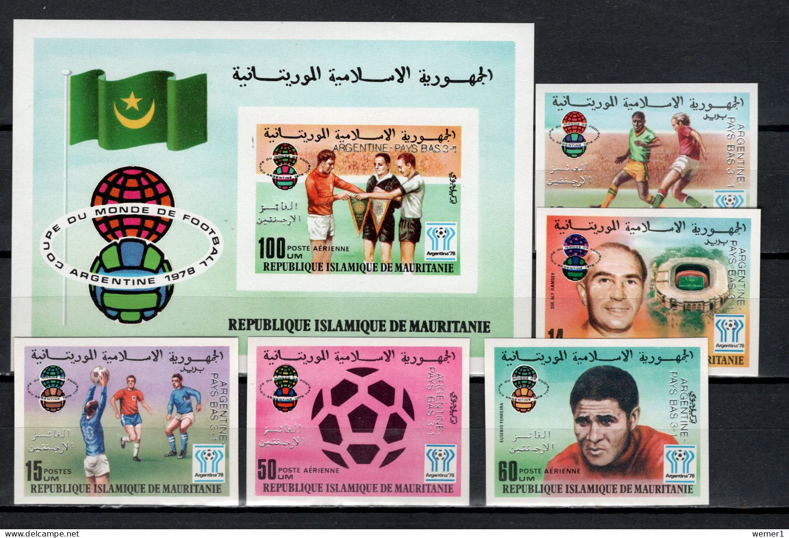 Mauritania 1978 Football Soccer World Cup Set Of 5 + S/s With Winners Overprint In Silver Imperf. MNH -scarce- - 1978 – Argentine