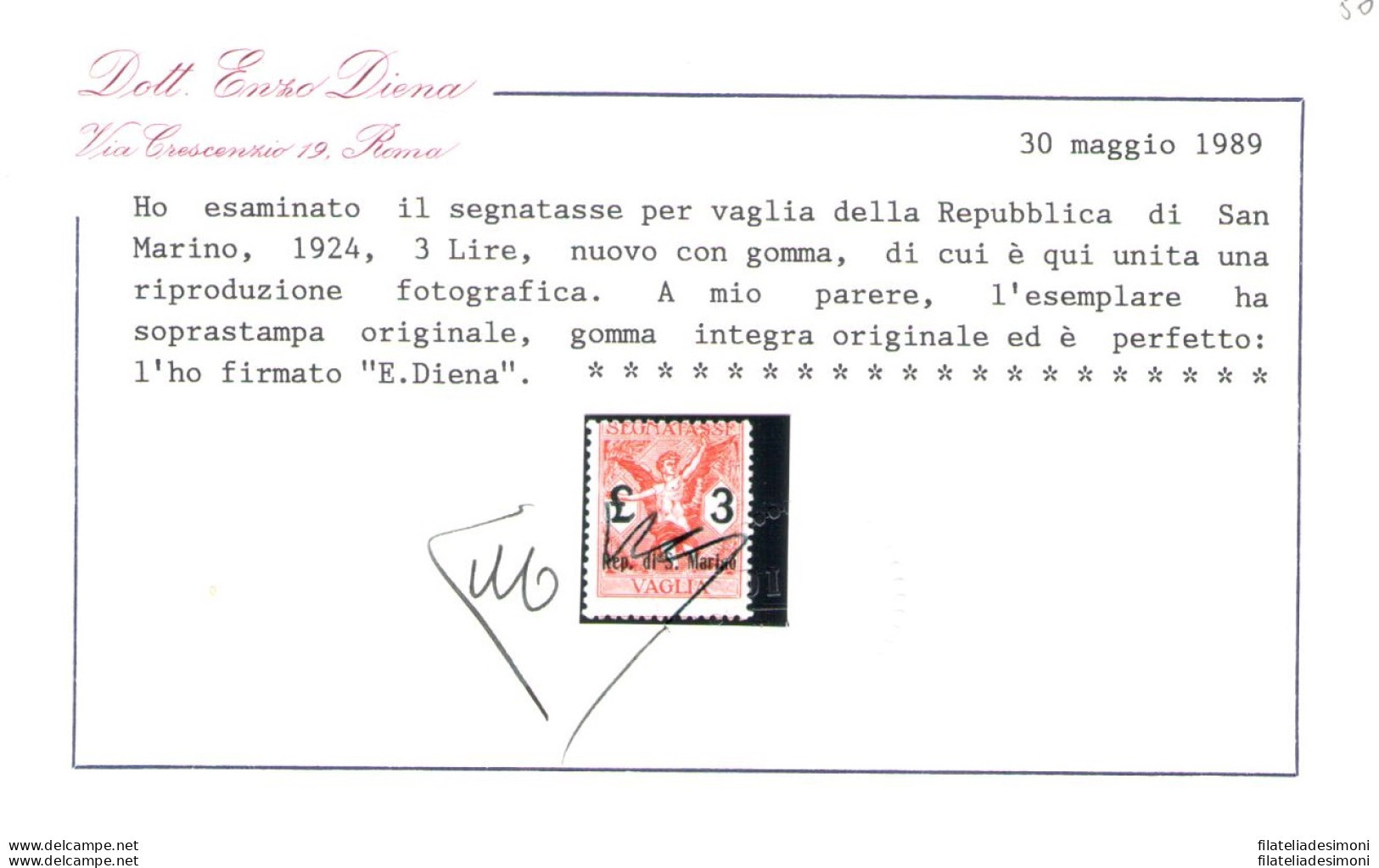 1924 SAN MARINO, Tasse E Vaglia,n. 1/6, Normale Centratura, MNH** - Certificato Enzo Diena - Altri & Non Classificati