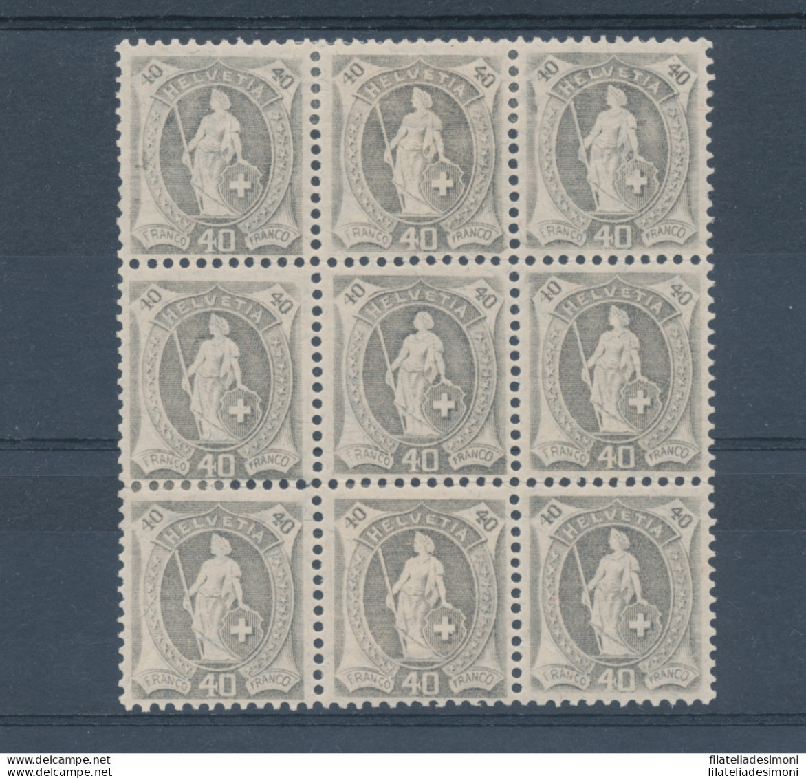 1907 SVIZZERA - Svizzera In Piedi - 40 Cent Grigio , Dentellato 11 ½ X 11 , Blocco Di 9 Con Francobollo Senza Diadema , - Andere & Zonder Classificatie