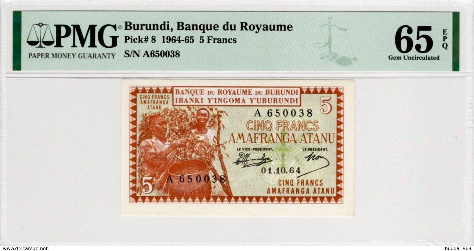 BURUNDI 1964 ,P8-5 FRANCS-PMG 65 - VERY RARE! - Burundi