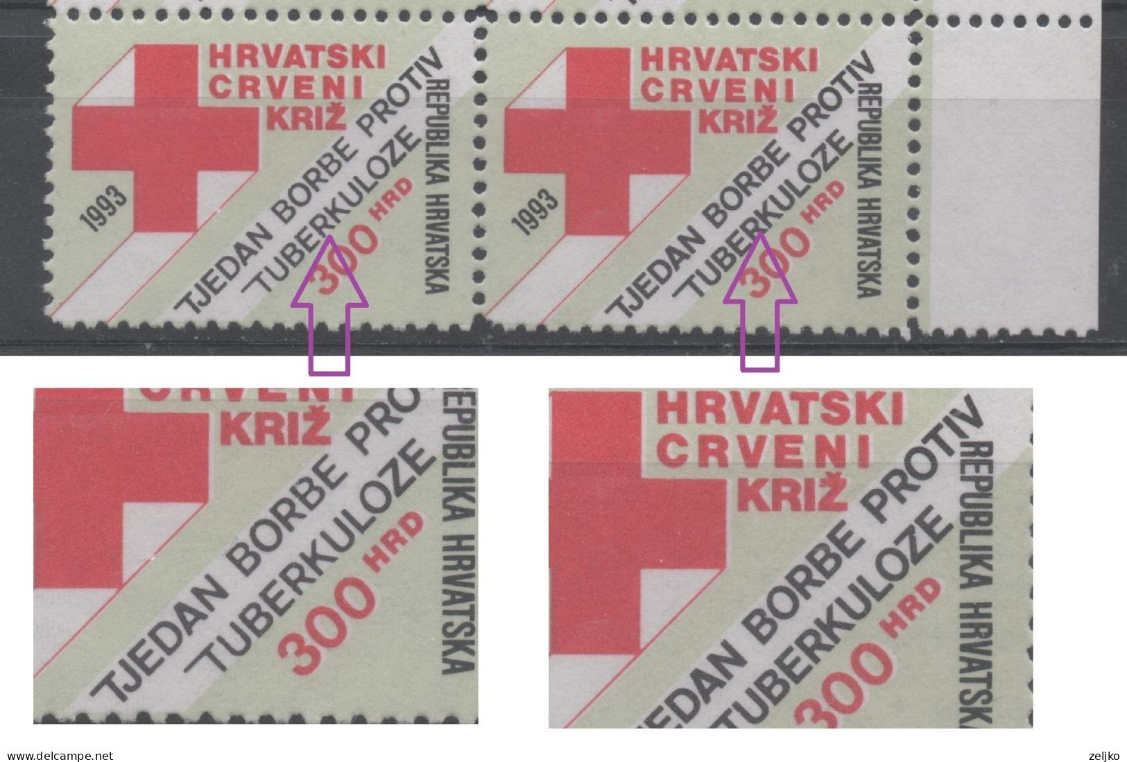 Croatia, Error, 1993, MNH, Michel 30, Difference In Thickness Of The Inscription, Red Cross - Croatie