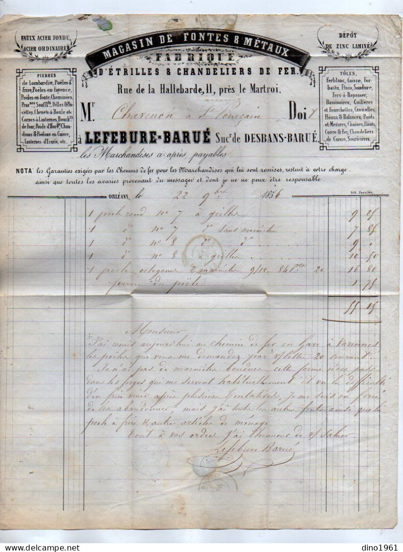 VP23.116 -1866 - Lettre / Facture - Fabrique D'Etrilles & Chandeliers... LEFEBURE - BARUE à ORLEANS Pour SAINT POURCAIN - 1800 – 1899