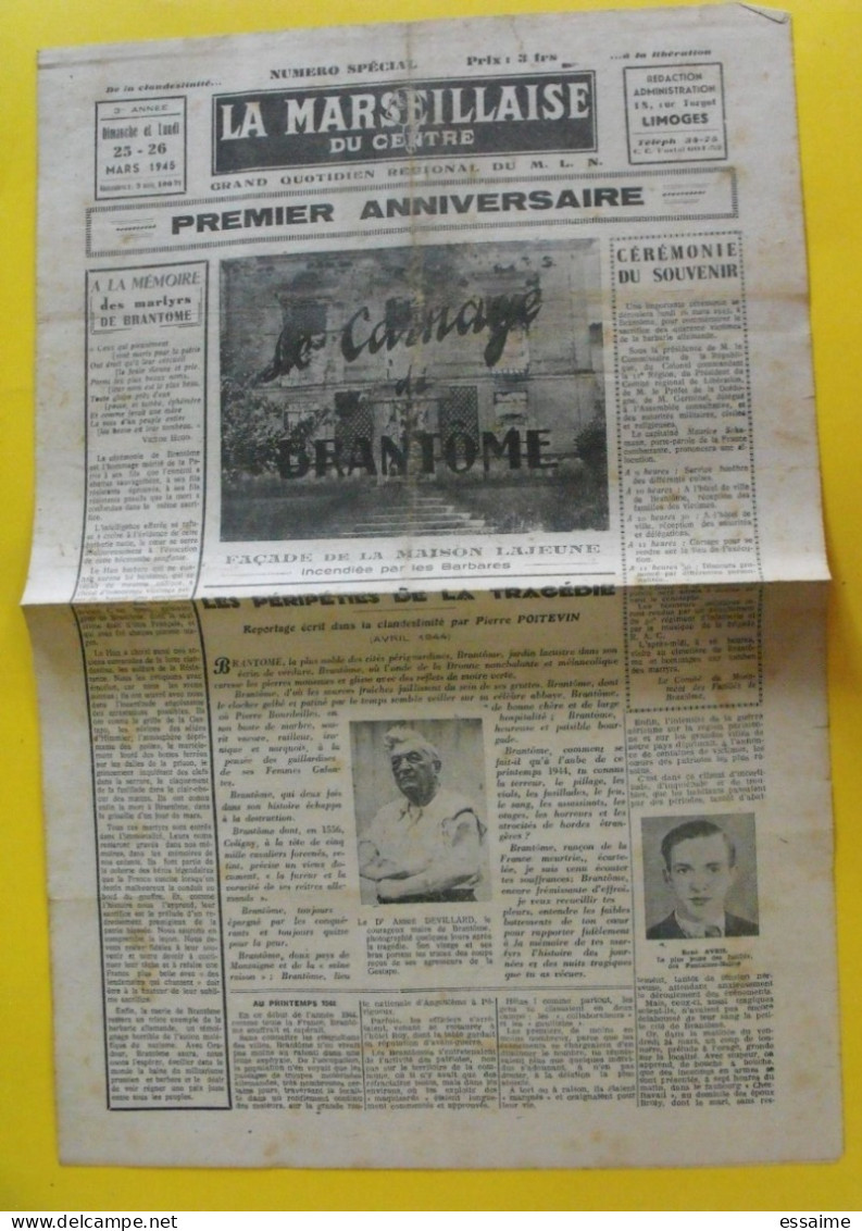 Journal La Marseillaise Du Centre. 25 Mars 1945 MLN Brantôme Poitevin Devillard Fusillés Otages De Limoges - Oorlog 1939-45