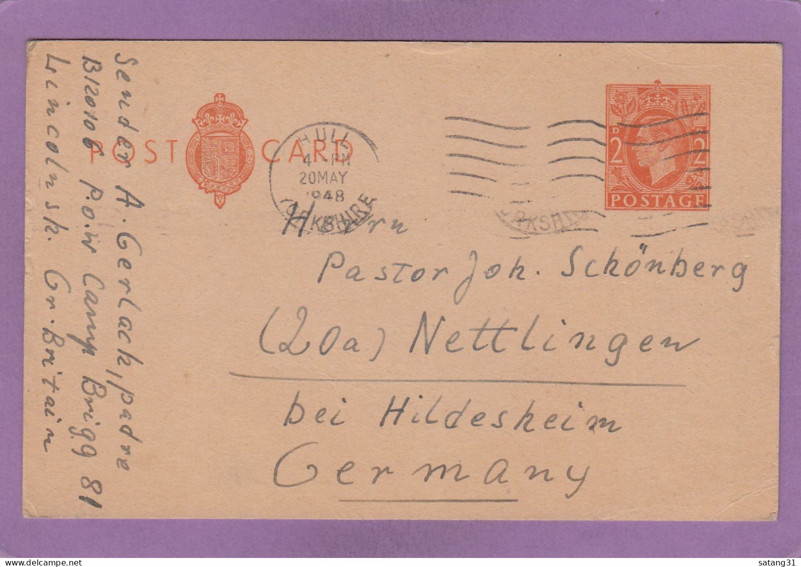 ENTIER POSTAL DE HULL POUR NETTLINFEN,ALLEMAGNE,1948.P.O.W CAMP BRIGG 81 LINCOLNSHIRE. - Material Postal