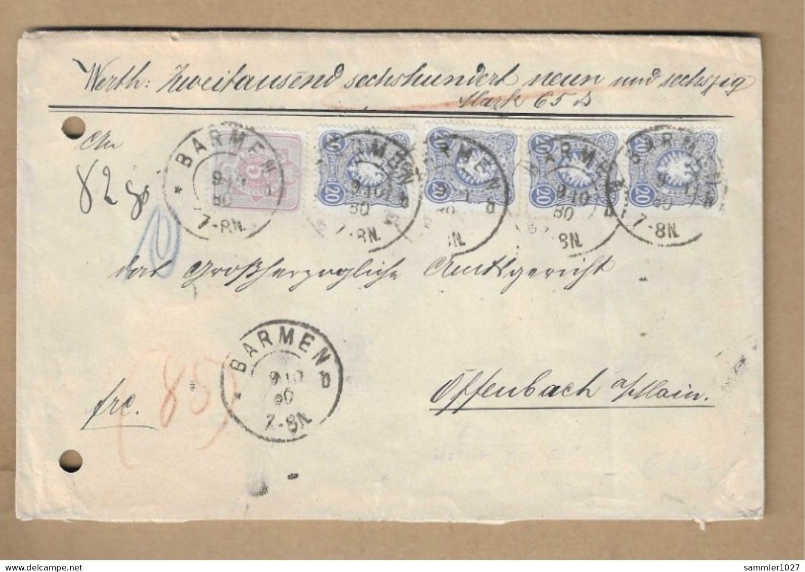 Los Vom 09.05  Wert-Briefumschlag  Aus Barmen Nach Offenbach  1880 Aktenlochung - Brieven En Documenten
