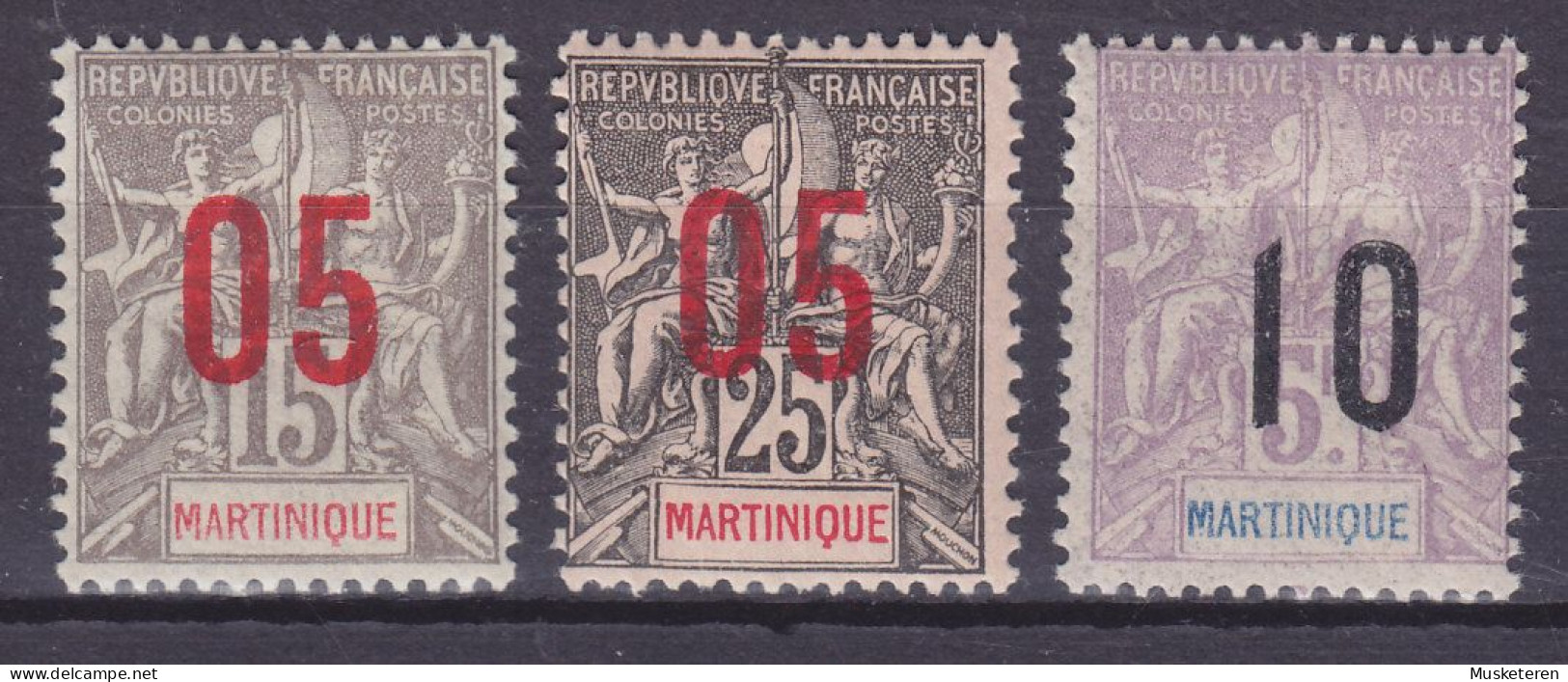 Martinique 1912 Mi. 73-74, 76 I, Kolonialallegorie Overprinted Aufdruck Surchargé, MH* - Nuovi